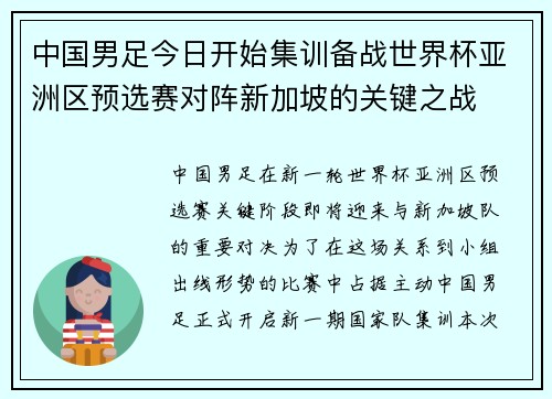 中国男足今日开始集训备战世界杯亚洲区预选赛对阵新加坡的关键之战